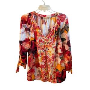 Fig and Flower Boho Peasant Floral Blouse Front Tie Sleeve Blouse Women Large